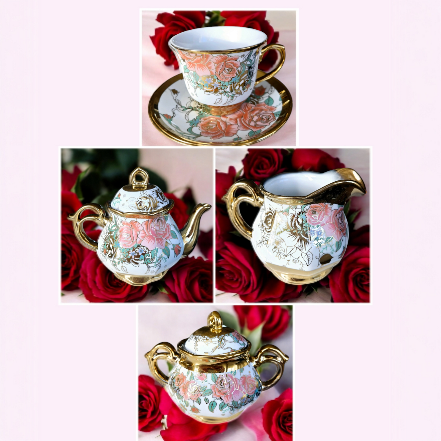 15 Pieces Vintage Floral Porcelain Tea Set for 6 with Gold Trim