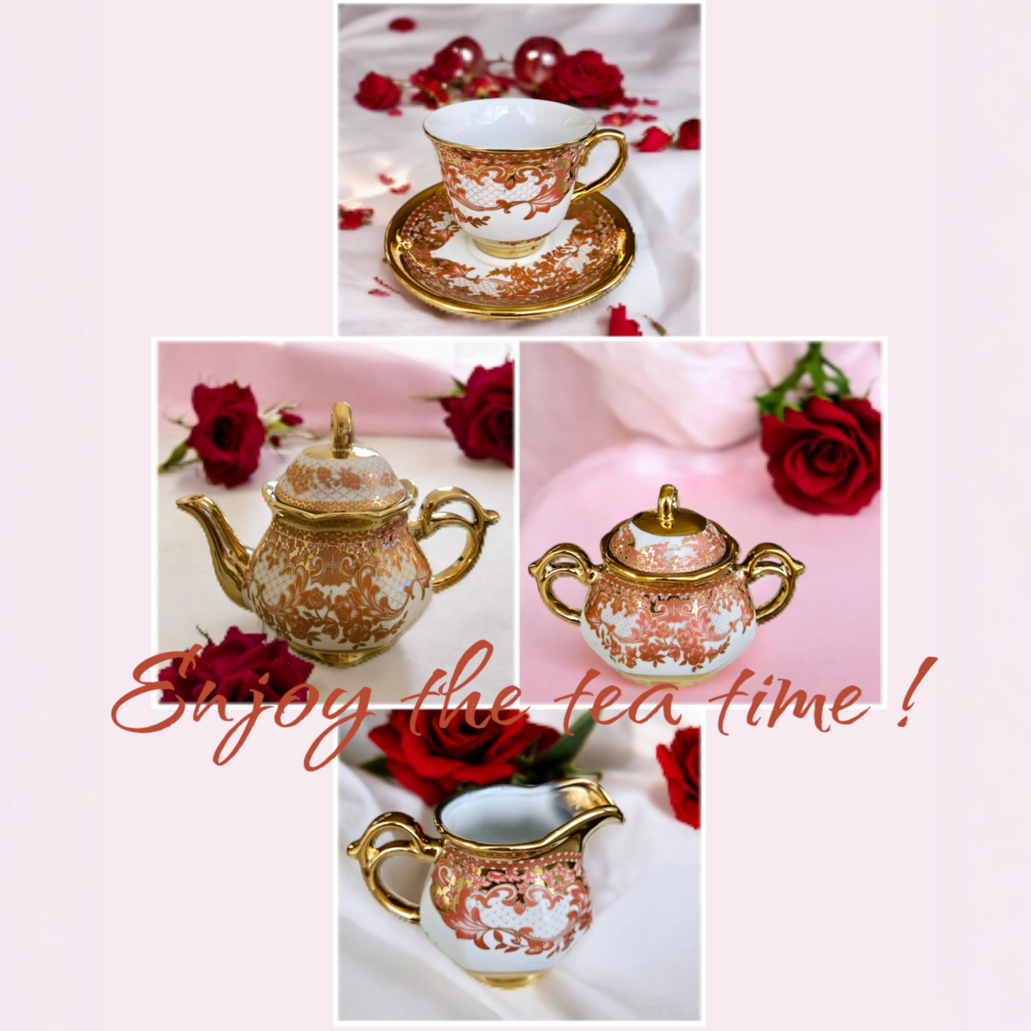 15 Pieces Vintage Floral Porcelain Tea Set for 6 with Gold Trim