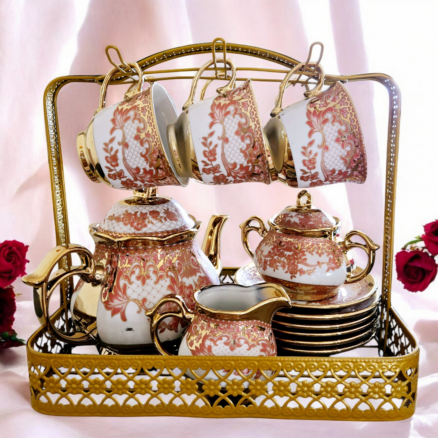 15 Pieces Vintage Floral Porcelain Tea Set for 6 with Gold Trim