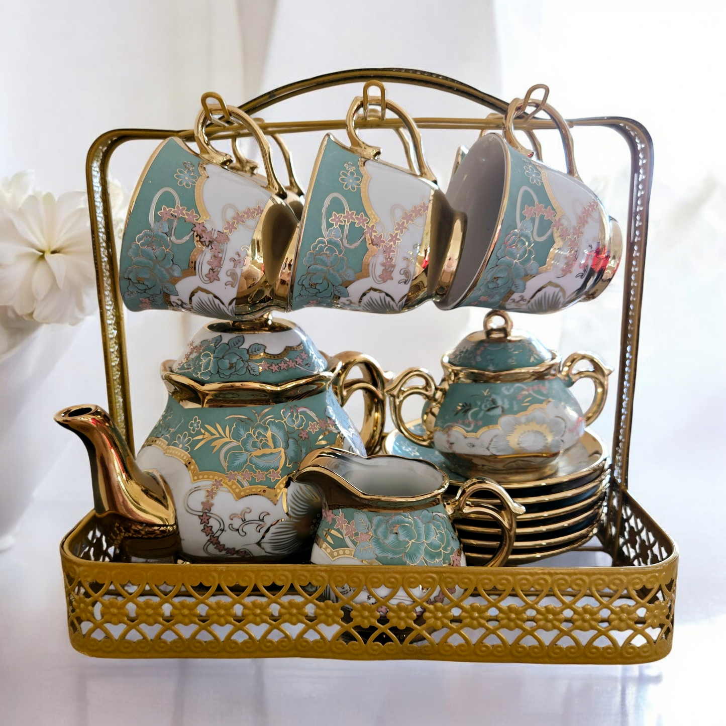 15 Pieces Vintage Floral Porcelain Tea Set for 6 with Gold Trim