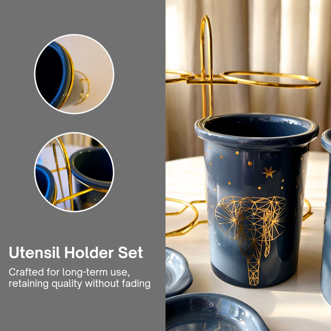 Geometric Animal Design Ceramic Utensil Holder Set of 2 with Gold Stand, perfect for Kitchen storage