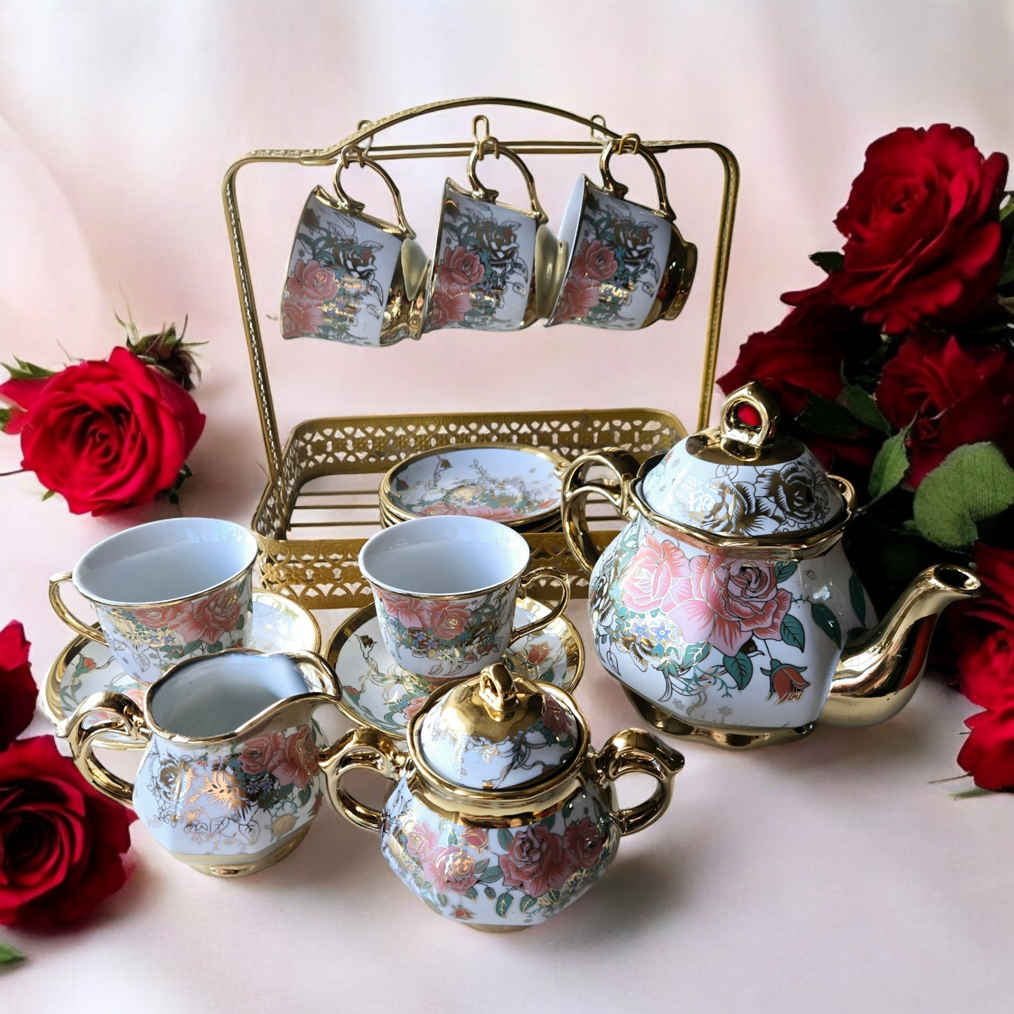 15 Pieces Vintage Floral Porcelain Tea Set for 6 with Gold Trim