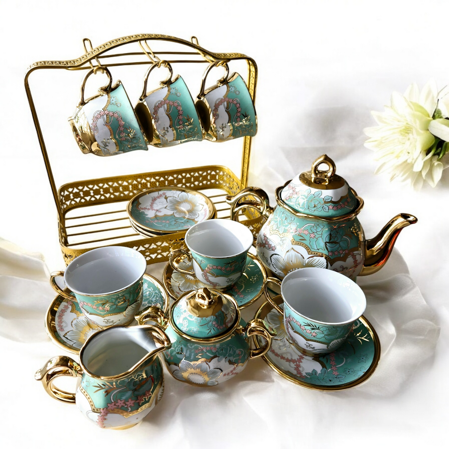 15 Pieces Vintage Floral Porcelain Tea Set for 6 with Gold Trim