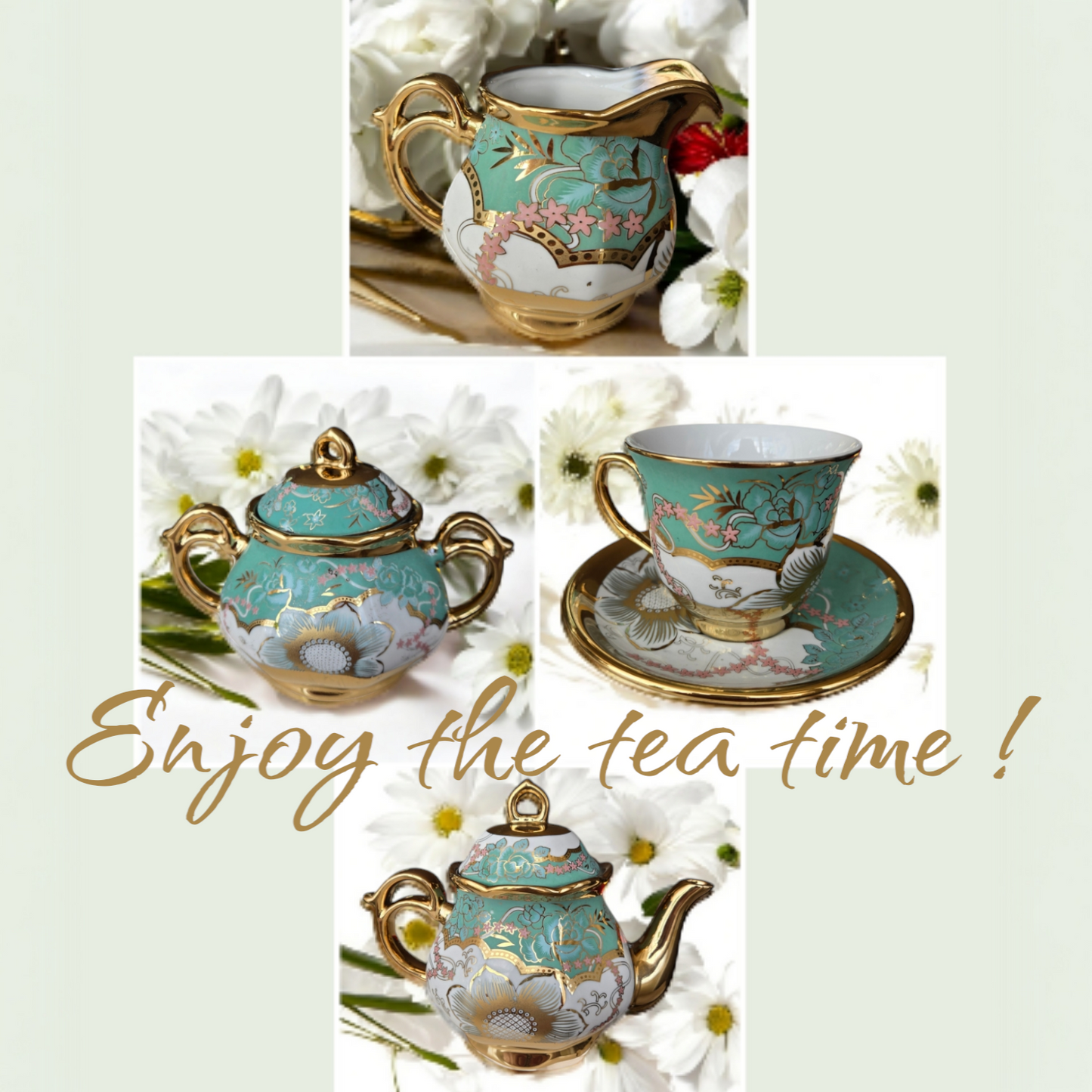 15 Pieces Vintage Floral Porcelain Tea Set for 6 with Gold Trim