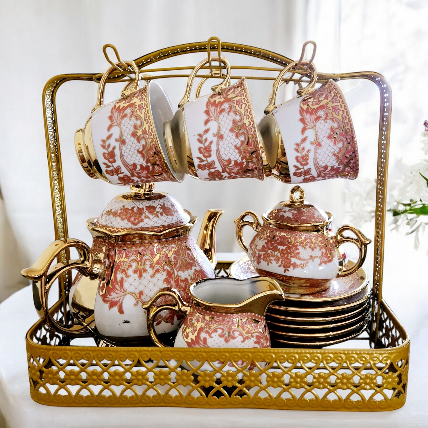15 Pieces Vintage Floral Porcelain Tea Set for 6 with Gold Trim
