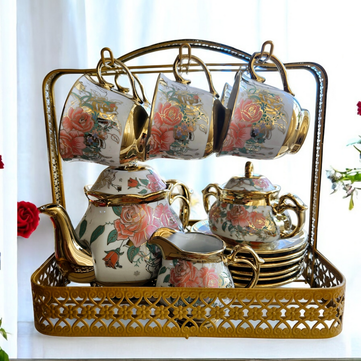 15 Pieces Vintage Floral Porcelain Tea Set for 6 with Gold Trim