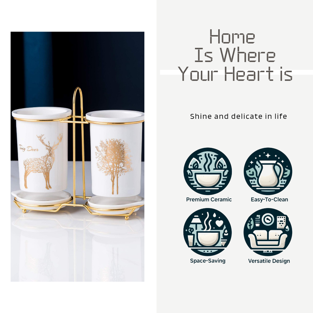 Geometric Animal Design Ceramic Utensil Holder Set of 2 with Gold Stand, perfect for Kitchen storage